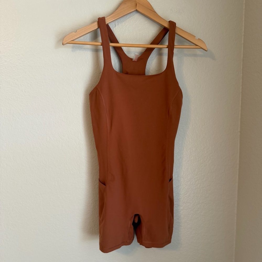 Free People Movement Never Better Runsie Romper Brown One-Piece Pockets Small